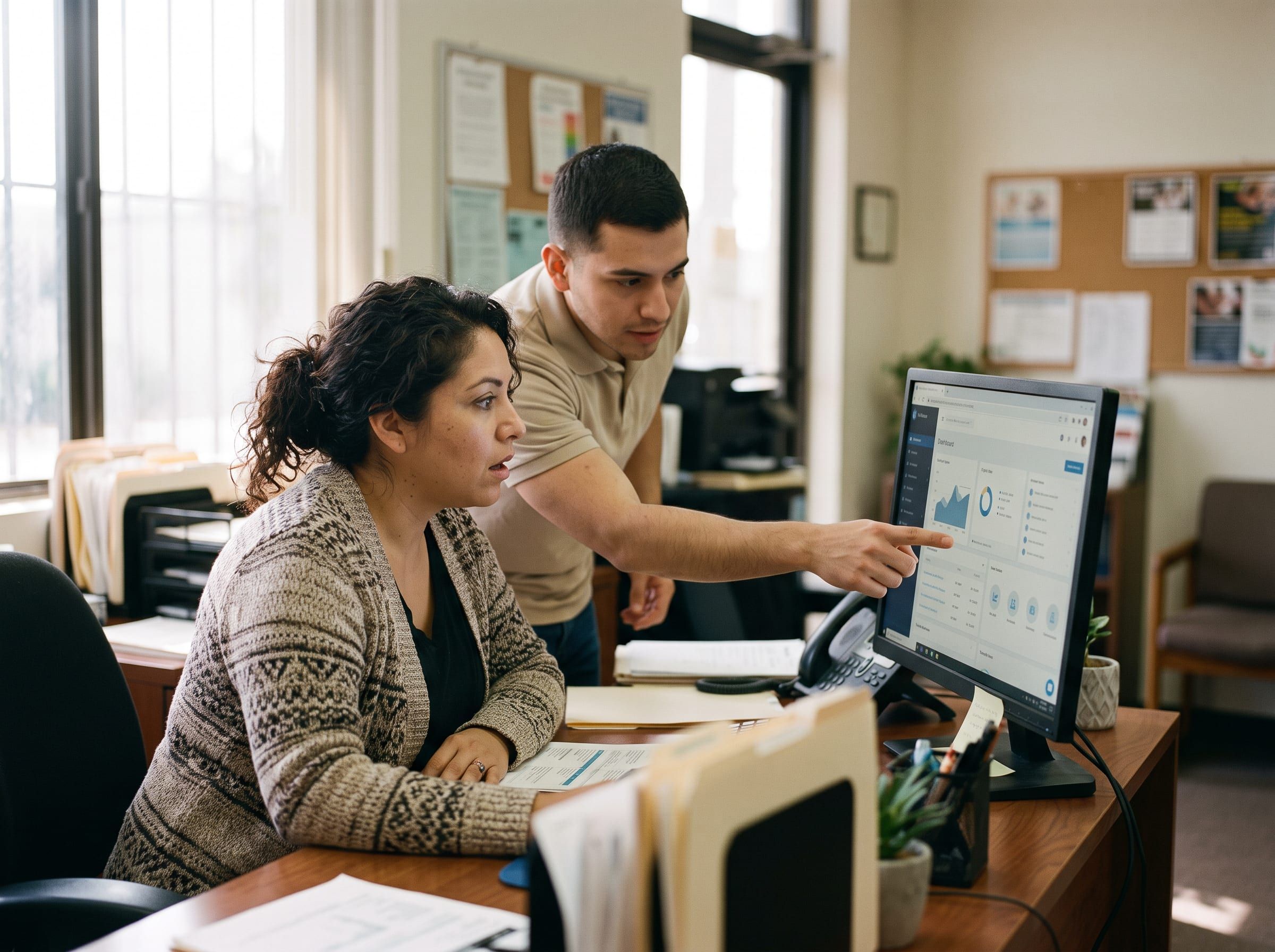 Consultant showing an office manager features in software they already own