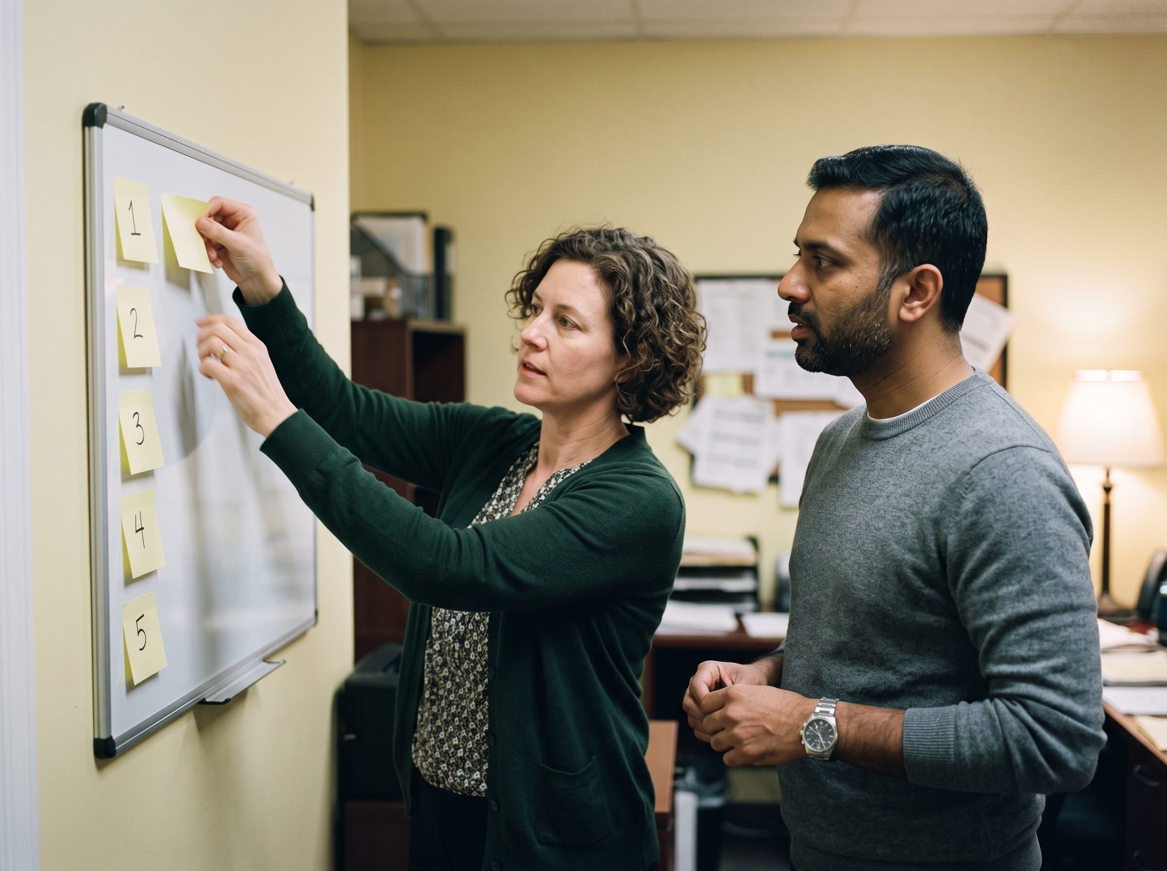 Owner reordering ranked priorities on a whiteboard