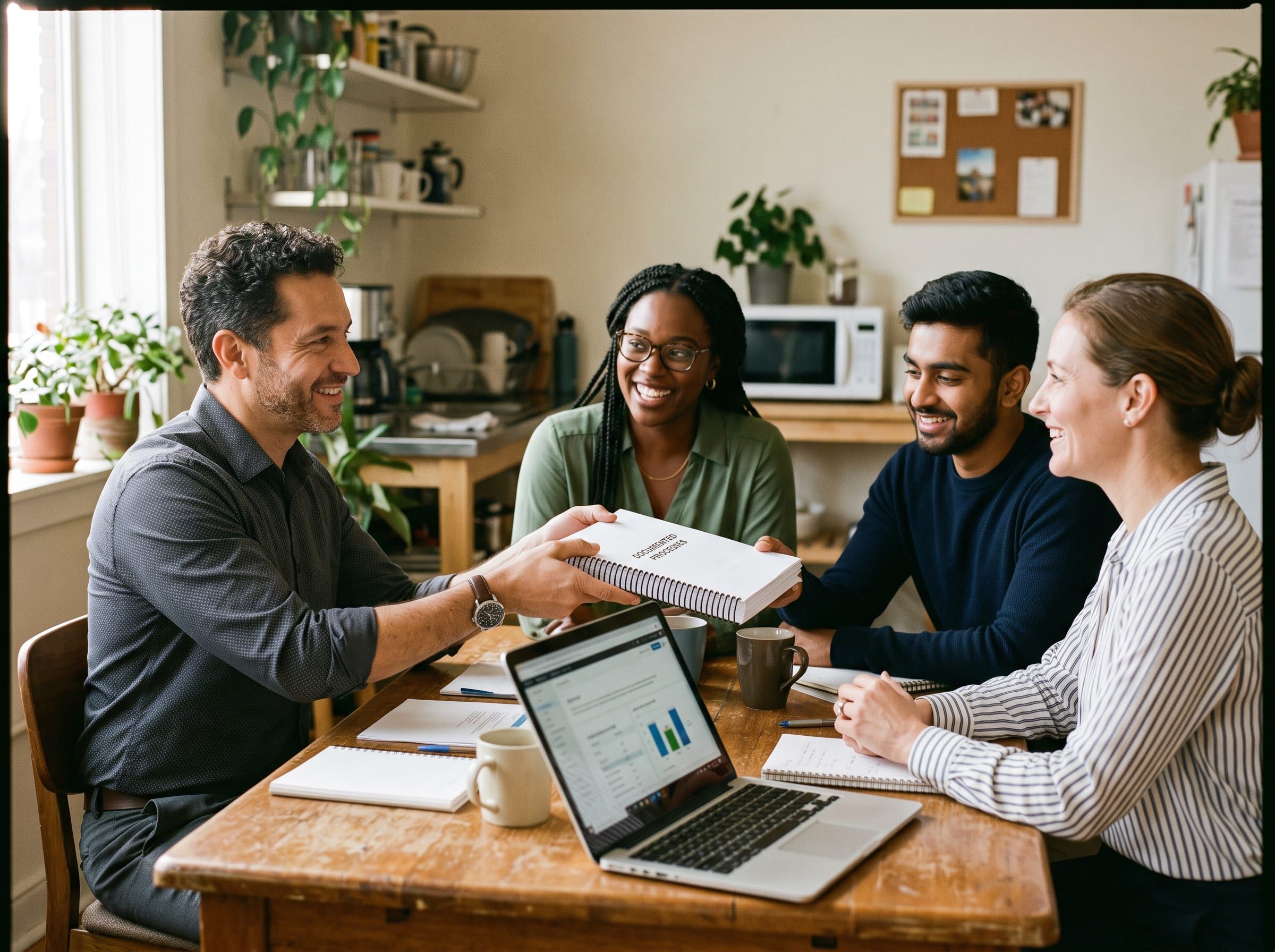 Consultant handing a team a binder of documented processes