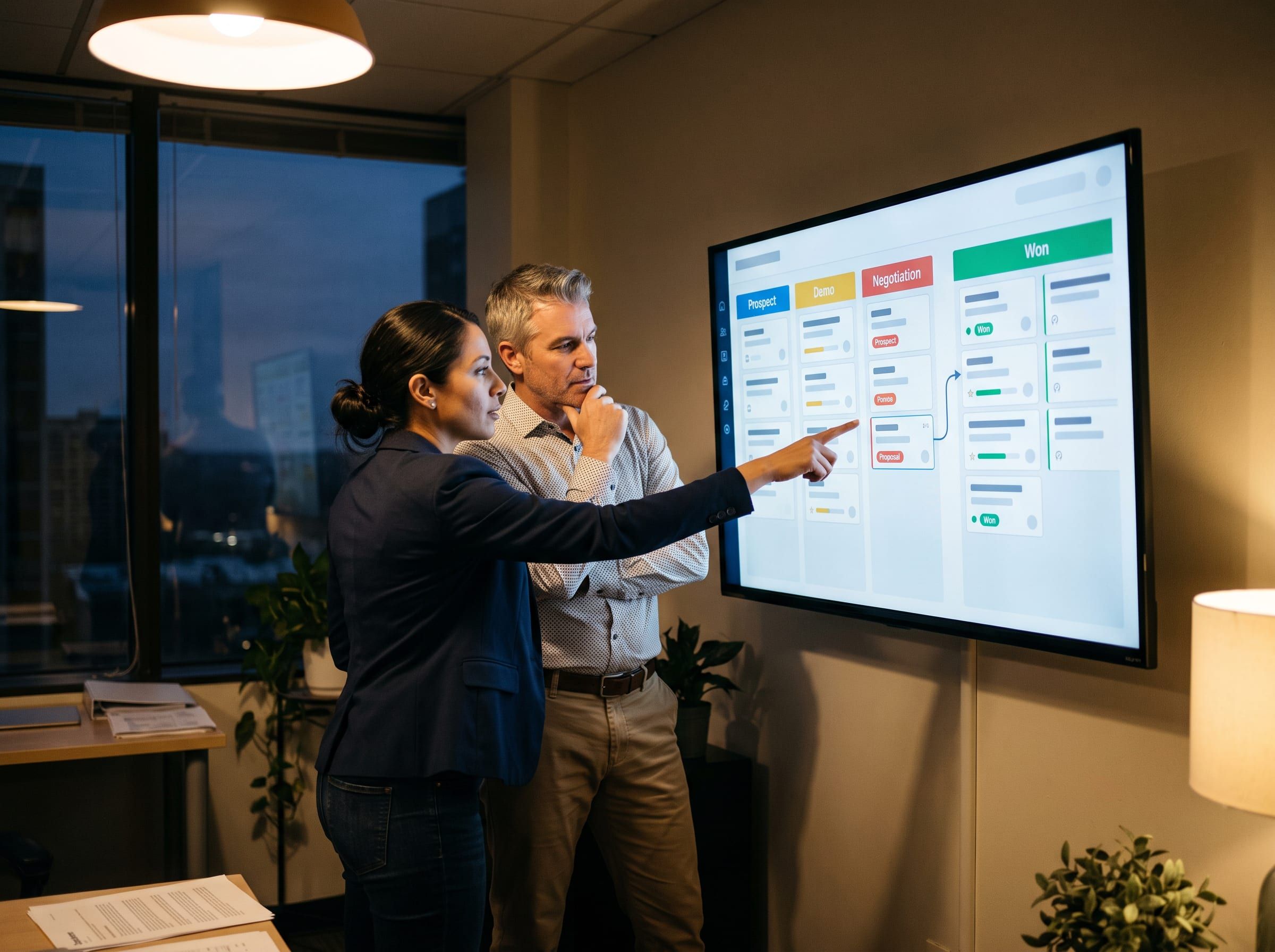 Sales team reviewing a pipeline board